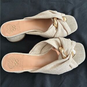 Vince Camuto Beige Knotted Slide Mules with Gold Chain